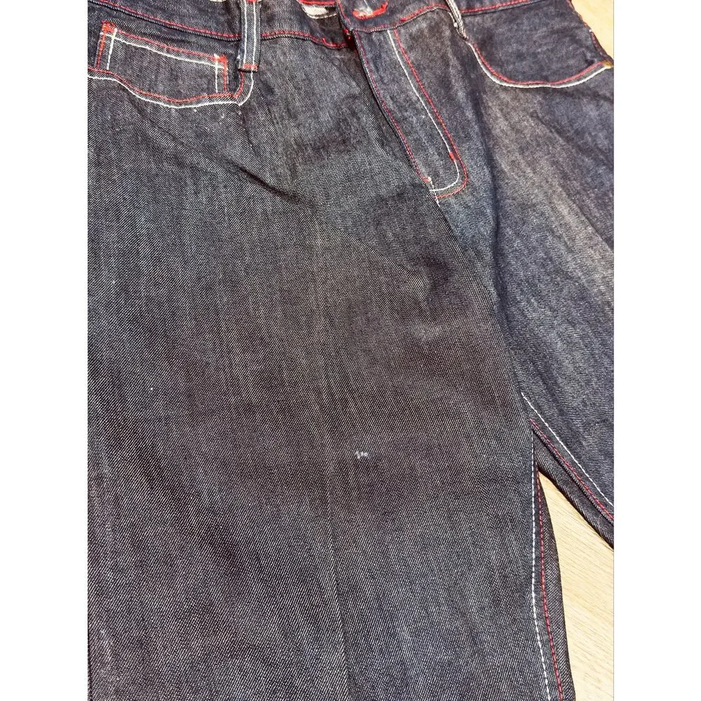 Q by Qruel Y2K Dark Wash Designer Jeans Red White Contrast Stitch  36x33